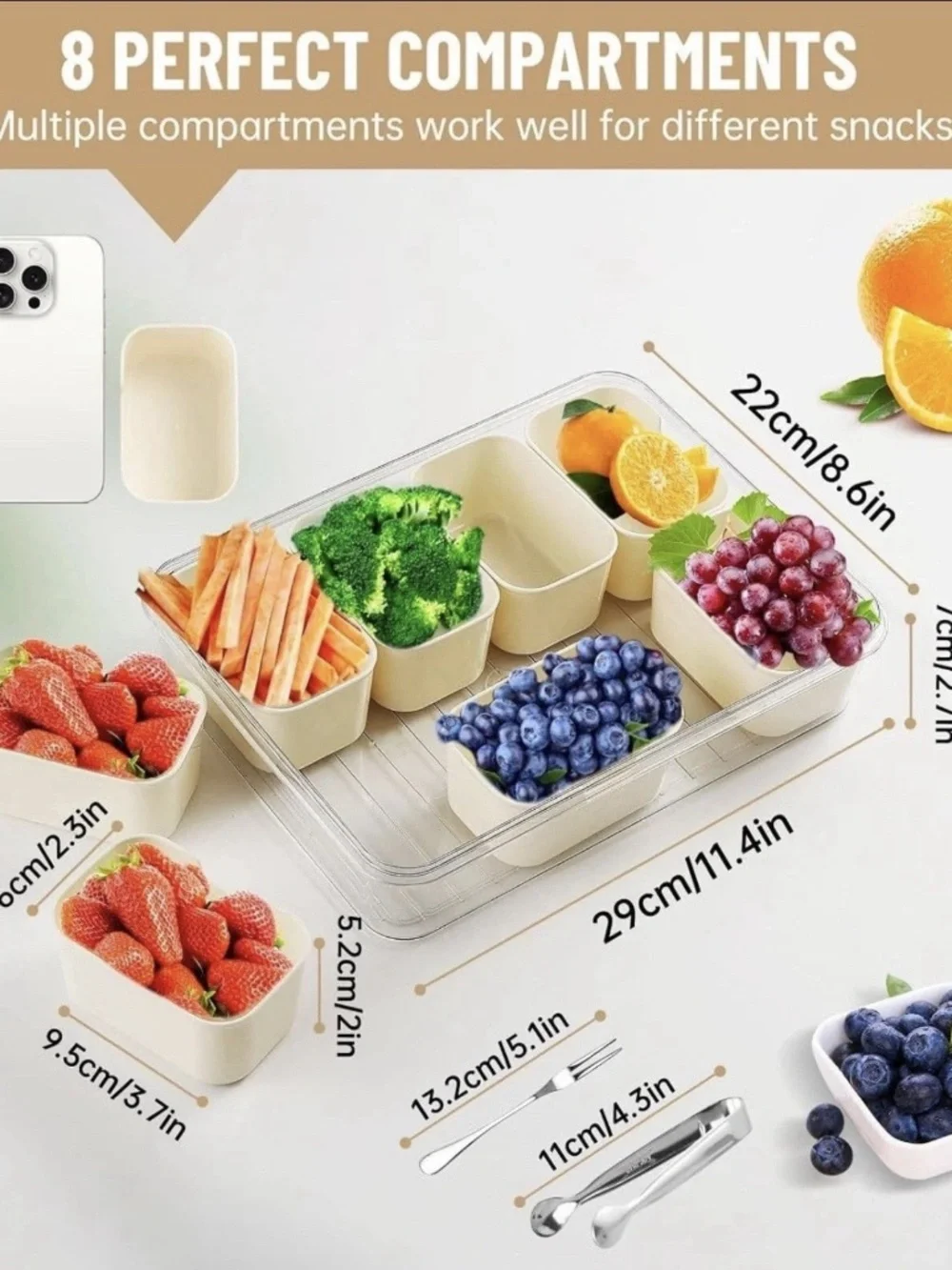 Dynara Snack Box 8-Compartment Divided Container w/ Lid Dishwasher Safe